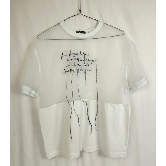 Zara Tops - Zara T-Shirt Women's Medium White Sheer Organza Short Sleeve Poem Embroidered